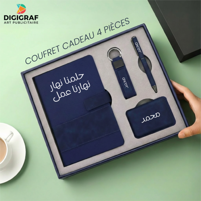 Coffret Cadeau Prestige 4 Pièces – Agenda, Stylo, Porte-clés & Porte-cartes Personnalisés