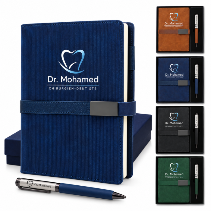 Coffret Cadeau Business Personnalisé – Agenda Textile Premium & Stylo Métal assorti