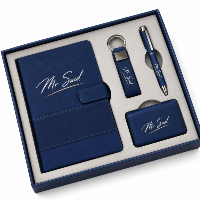 Coffret Cadeau Prestige 4 Pièces – Agenda, Stylo, Porte-clés & Porte-cartes Personnalisés