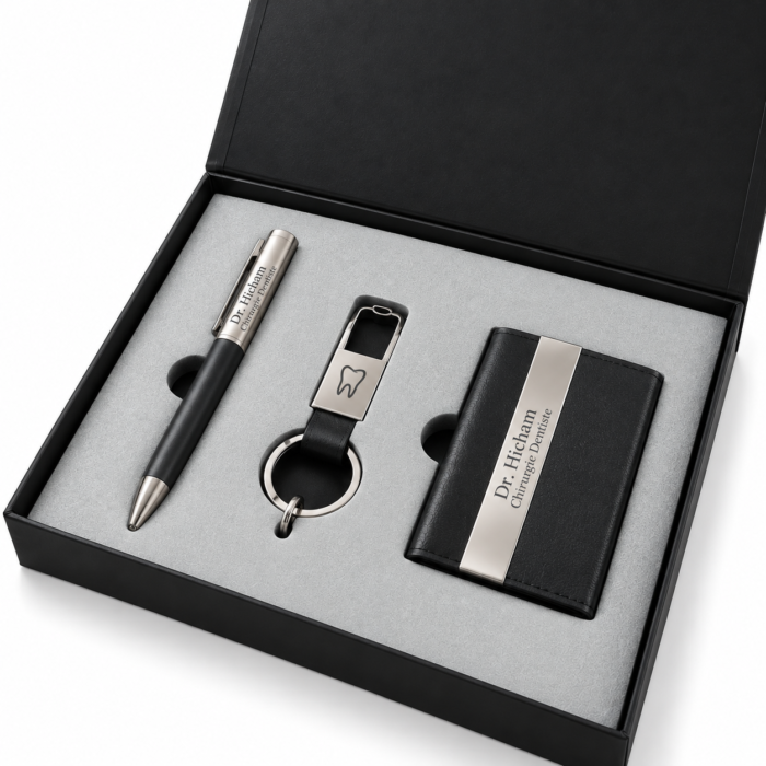 Coffret Cadeau Business Duo – Stylo Métal & Porte-clés Cuir/Métal Personnalisés