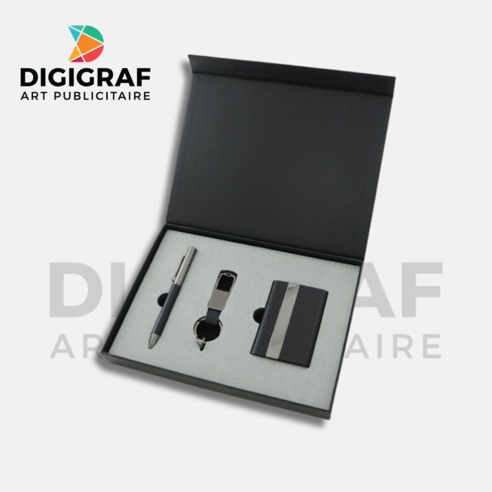 Coffret Cadeau Business Duo – Stylo Métal & Porte-clés Cuir/Métal Personnalisés