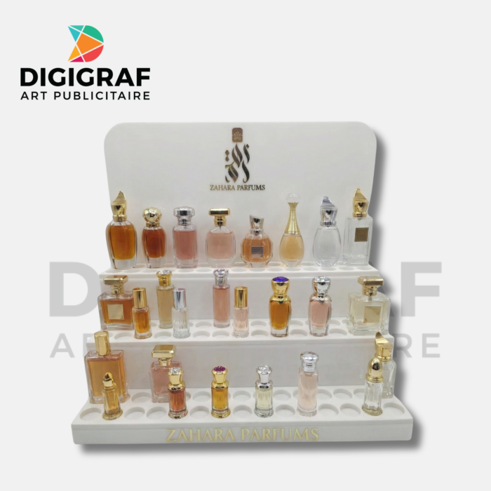 Présentoir à Échantillons de Parfum – Design Escalier en Acrylique & Branding Haute Définition