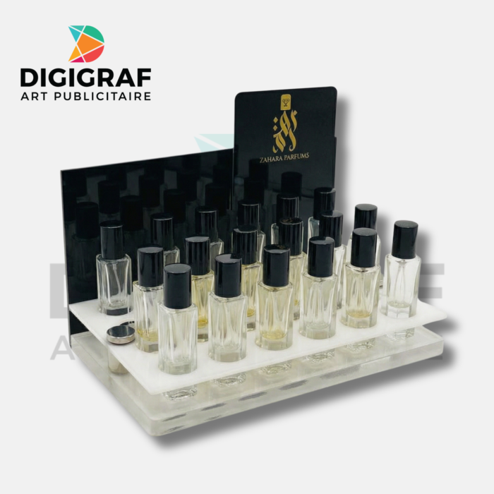 Présentoir à Échantillons de Parfum – Design Escalier en Acrylique & Branding Haute Définition