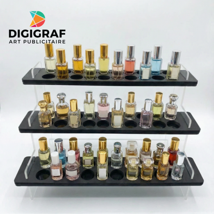Présentoir à Échantillons de Parfum – Design Escalier en Acrylique & Organisation Luxe