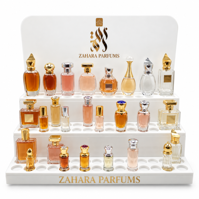 Présentoir à Échantillons de Parfum – Design Escalier en Acrylique & Branding Haute Définition