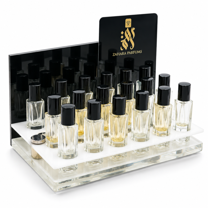 Présentoir à Échantillons de Parfum – Design Escalier en Acrylique & Branding Haute Définition
