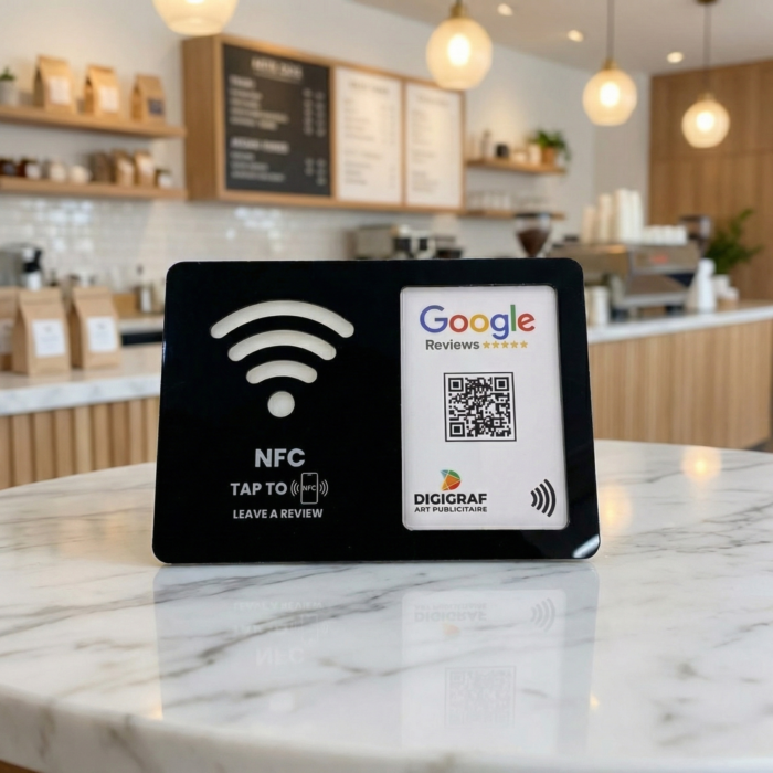 Plaque Connectée Multi-Usages – NFC & QR Code pour Avis Google, Menus Digitaux & Réseaux Sociaux