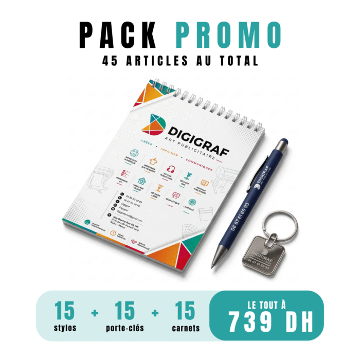 Pack Publicitaire DIGIGRAF – 15 Carnets + 15 Stylos + 15 Porte-clés
